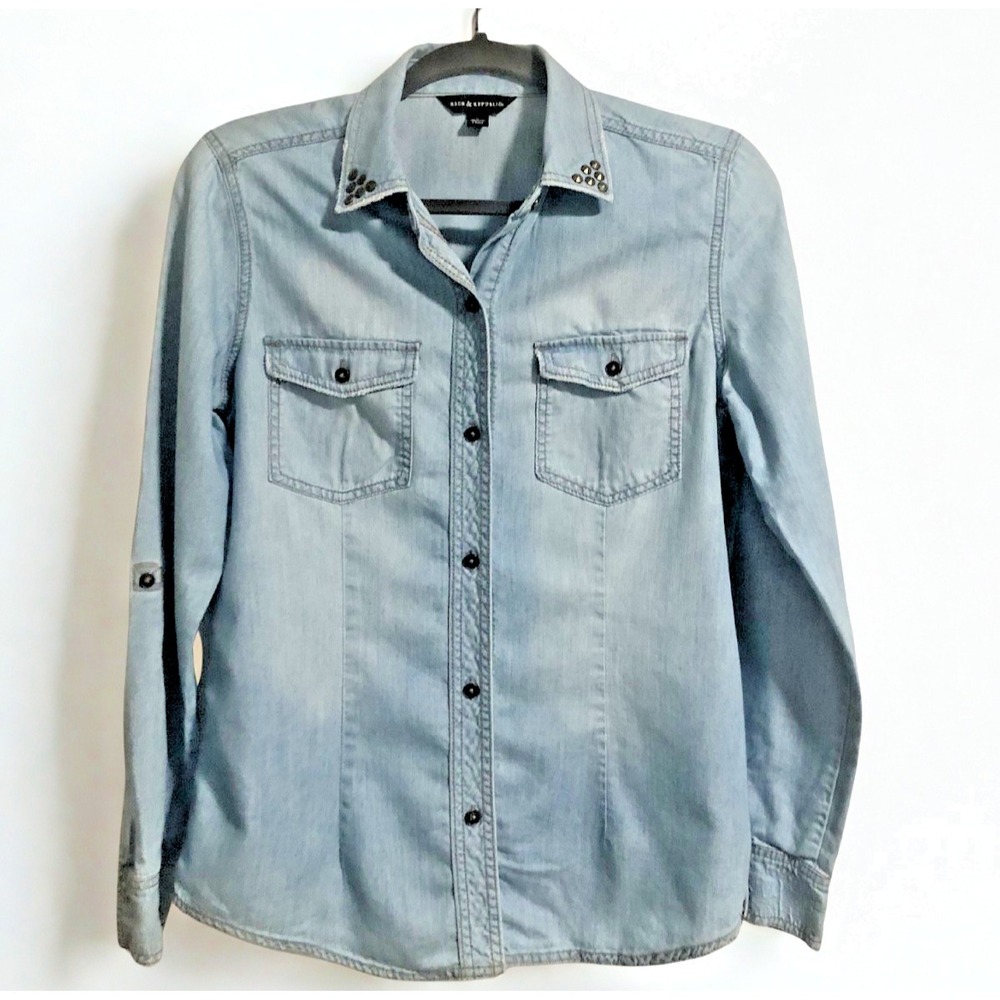 Rock & Republic Women's Size Small Light Wash Studded Button Down  Denim Shirt